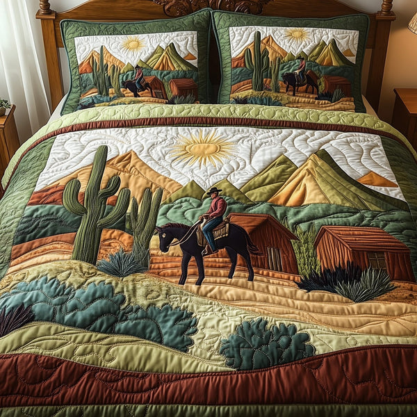 Desert Landscape quilted 3-piece bedding set on a made bed with two matching pillow shams