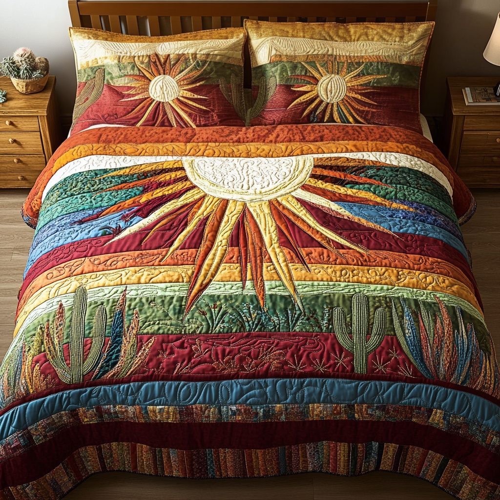 Desert Light quilted 3-piece bedding set on a made bed with two matching pillow shams