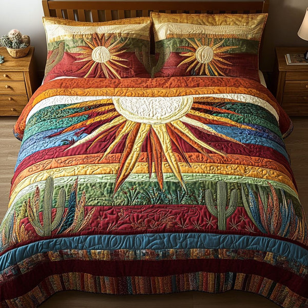 Desert Light quilted 3-piece bedding set on a made bed with two matching pillow shams