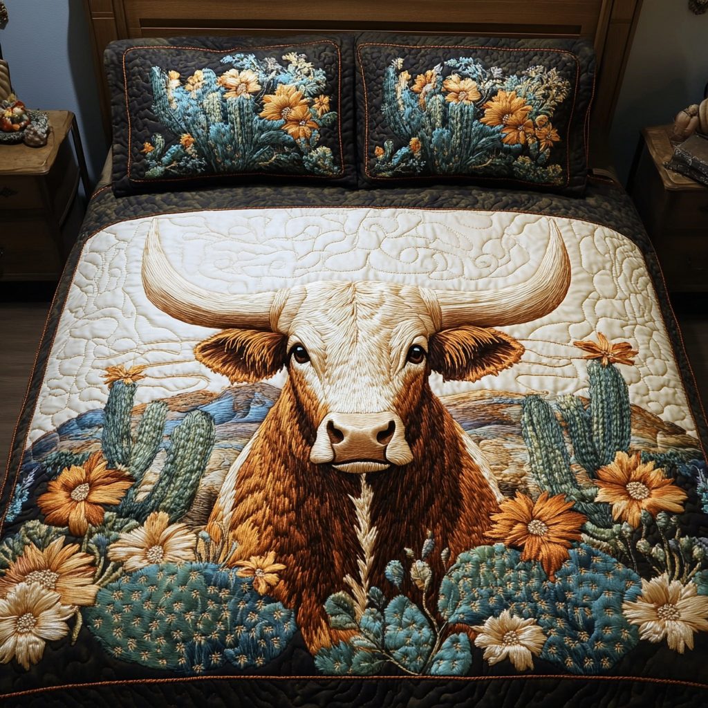 Desert Longhorn quilted 3-piece bedding set on a made bed in a rustic timber bedroom
