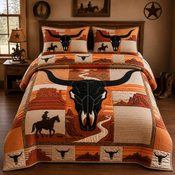 Desert Longhorn Skull quilted 3-piece bedding set on a made bed against a dark styled interior