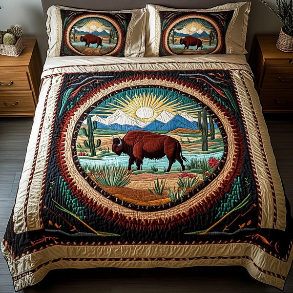 Desert Majesty quilted 3-piece bedding set on a made bed with two matching pillow shams