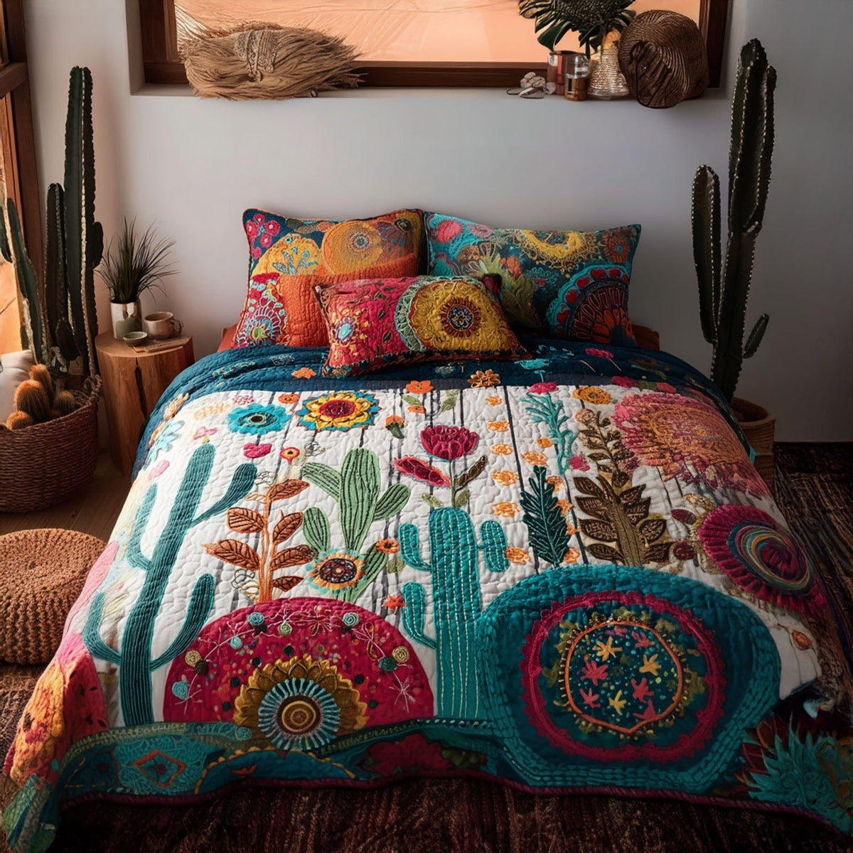 Desert Mandalas quilted 3-piece bedding set on a made bed with two matching pillow shams