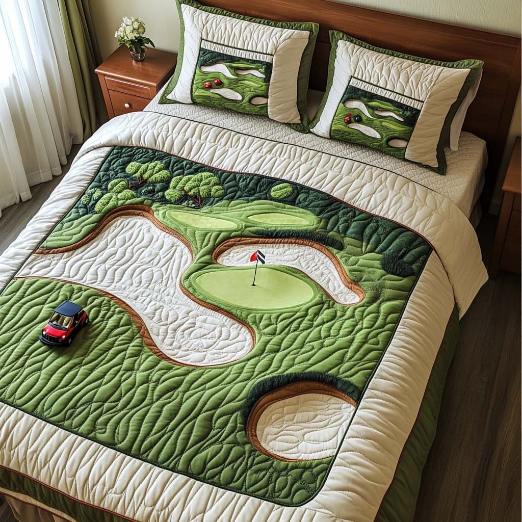 Desert Mirage Golf Course quilted 3-piece bedding set on a made bed with two matching pillow shams