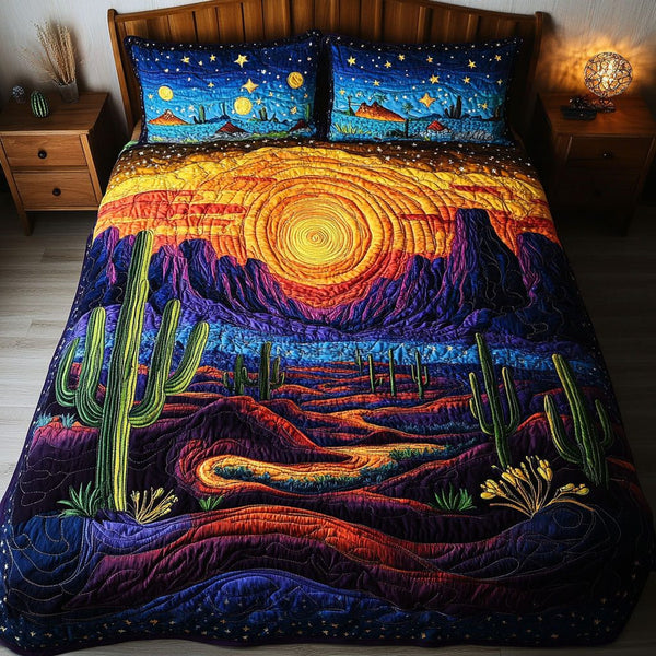 Desert Mirage quilted 3-piece bedding set on a made bed with two matching pillow shams