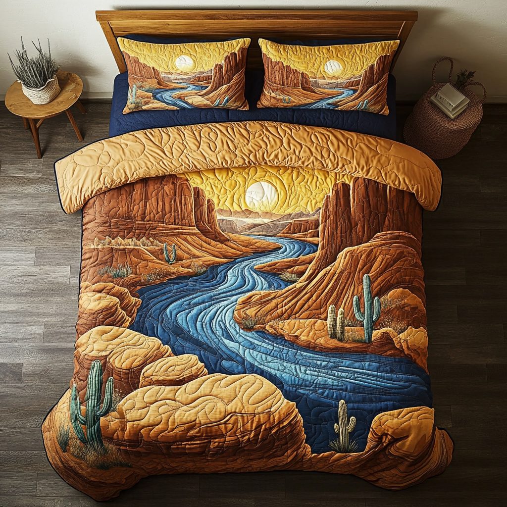 Desert Mirage quilted 3-piece bedding set on a made bed with two matching pillow shams