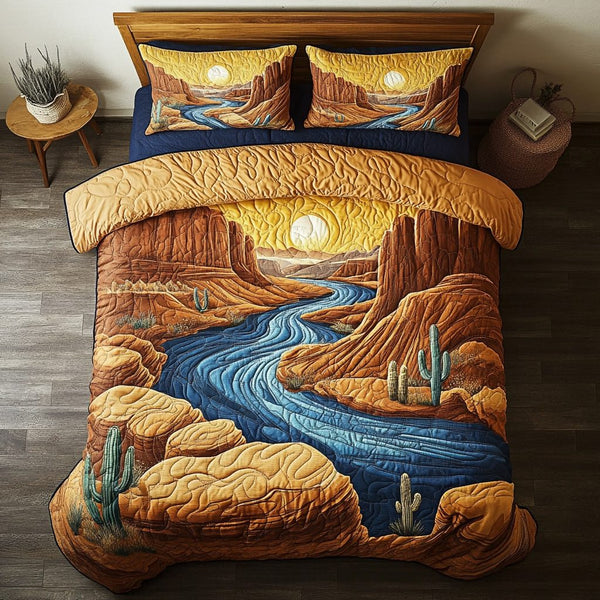 Desert Mirage quilted 3-piece bedding set on a made bed with two matching pillow shams
