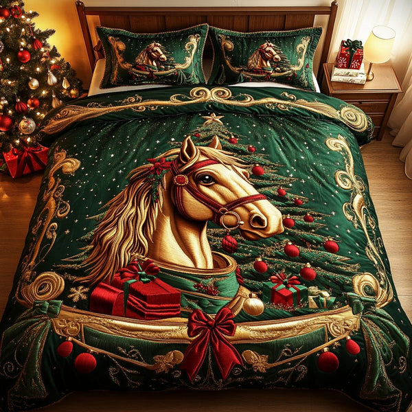 Desert Mustang quilted 3-piece bedding set on a made bed with two matching pillow shams