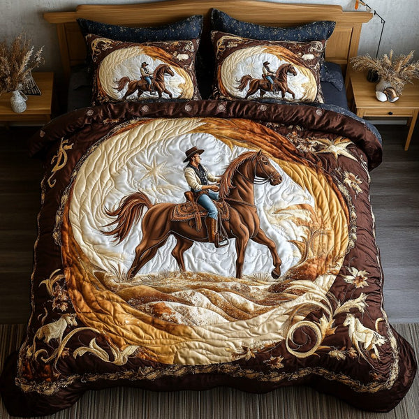Desert Mustang quilted 3-piece bedding set on a made bed with two matching pillow shams