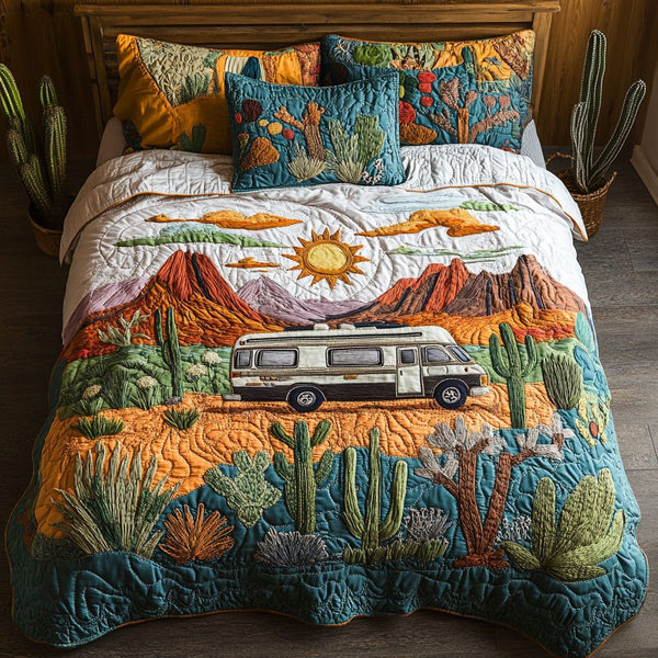 Desert Oasis quilted 3-piece bedding set on a made bed with two matching pillow shams