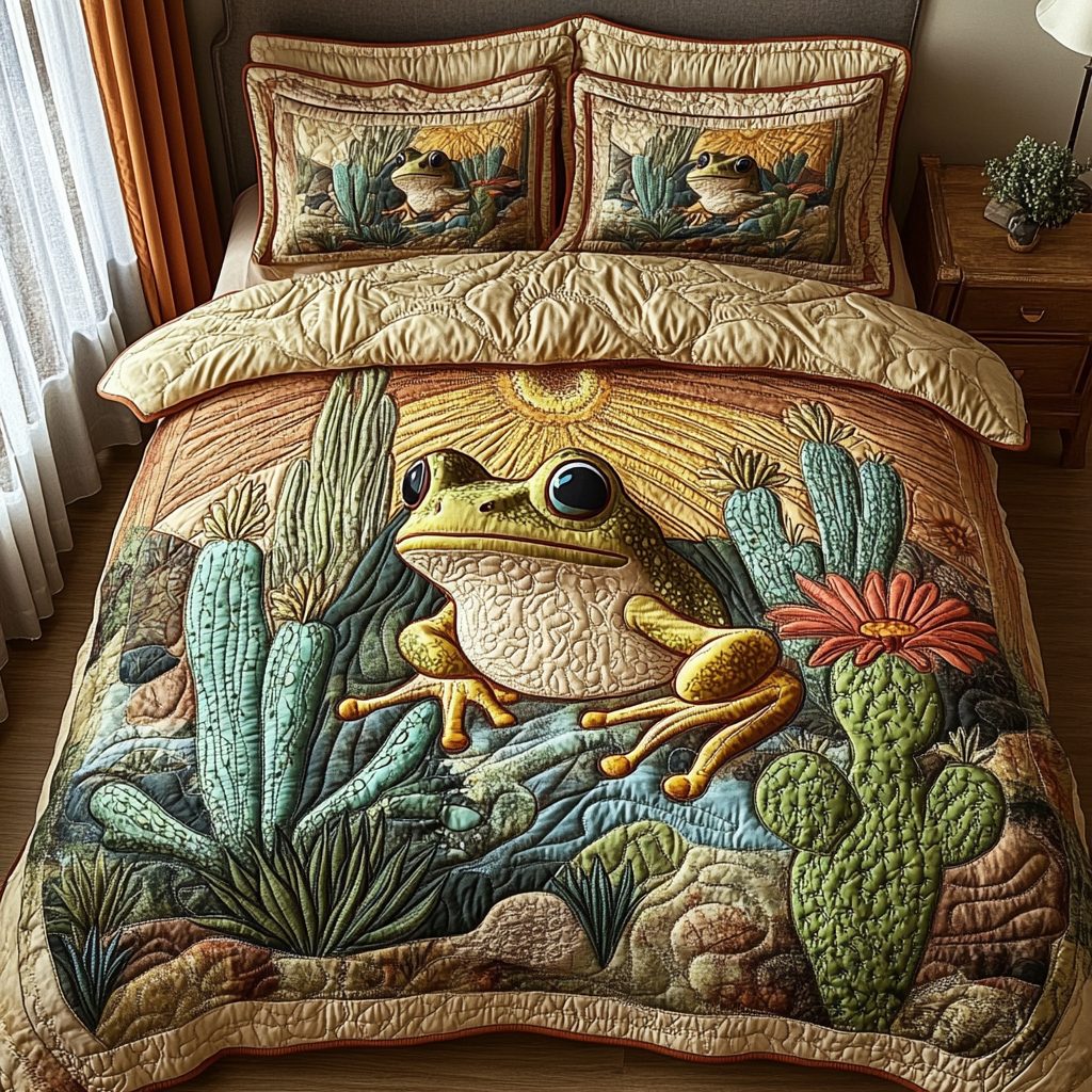Desert Pond Prince quilted 3-piece bedding set on a made bed with two matching pillow shams