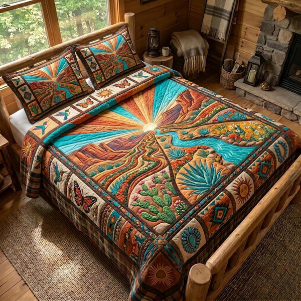 Desert Radiance quilted 3-piece bedding set on a made bed with two matching pillow shams