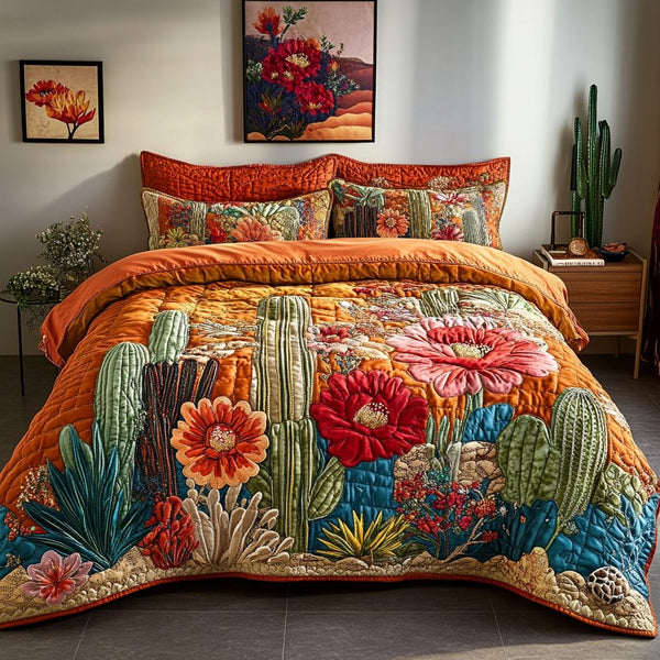 Desert Retreat quilted 3-piece bedding set on a made bed with two matching pillow shams
