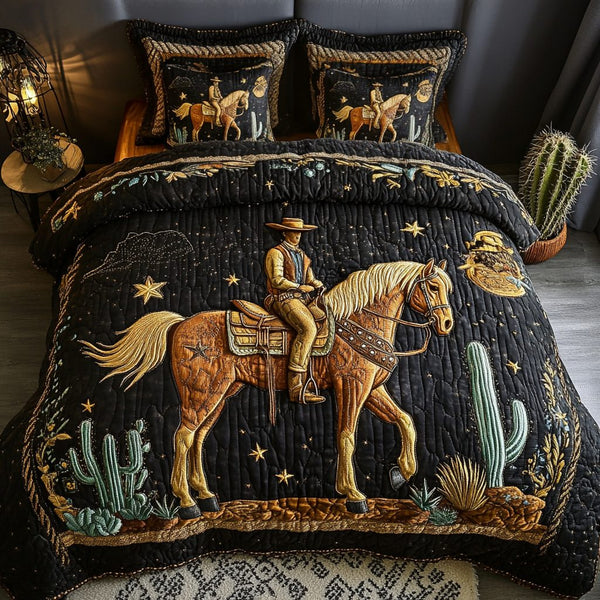 Desert Rider quilted 3-piece bedding set on a made bed with two matching pillow shams