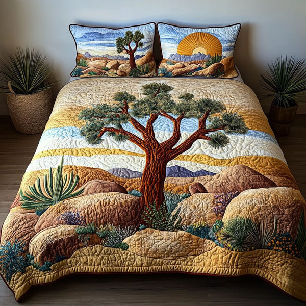 Desert Rockscape quilted 3-piece bedding set on a made bed with two matching pillow shams