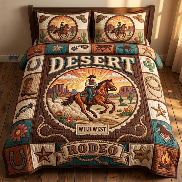 Desert Rodeo quilted 3-piece bedding set on a made bed in a rustic timber bedroom