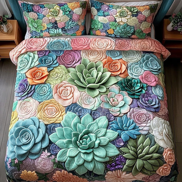 Desert Rose quilted 3-piece bedding set on a made bed with two matching pillow shams