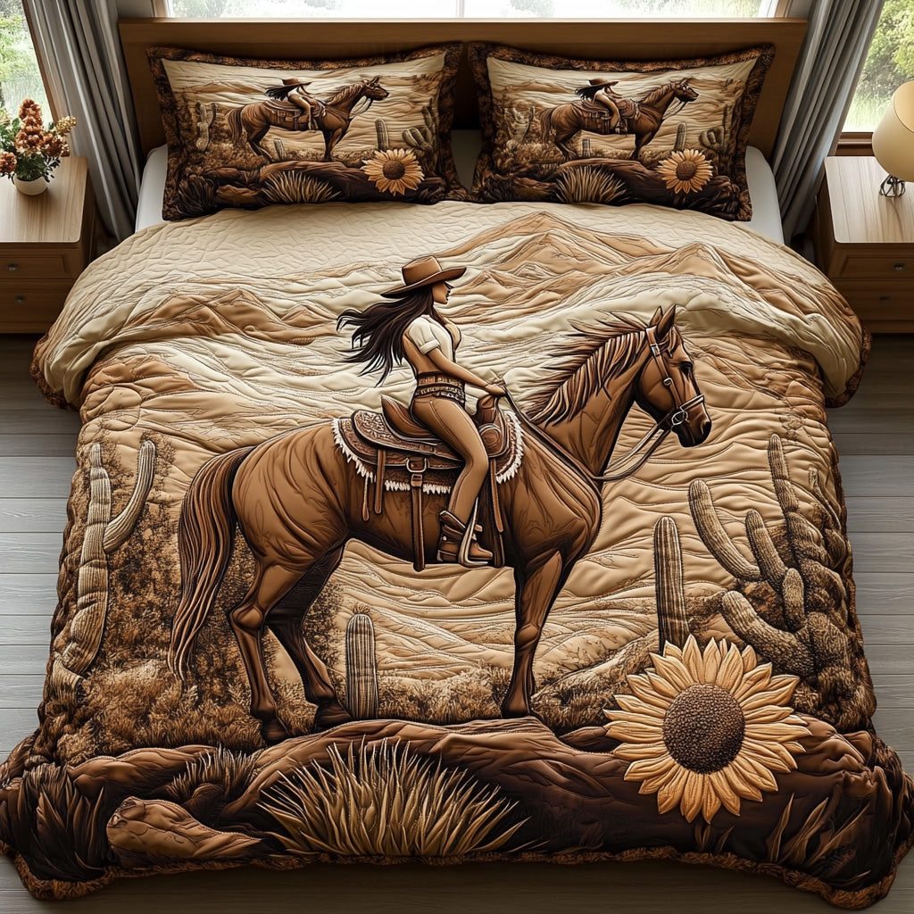 Desert Rose quilted 3-piece bedding set on a made bed with two matching pillow shams