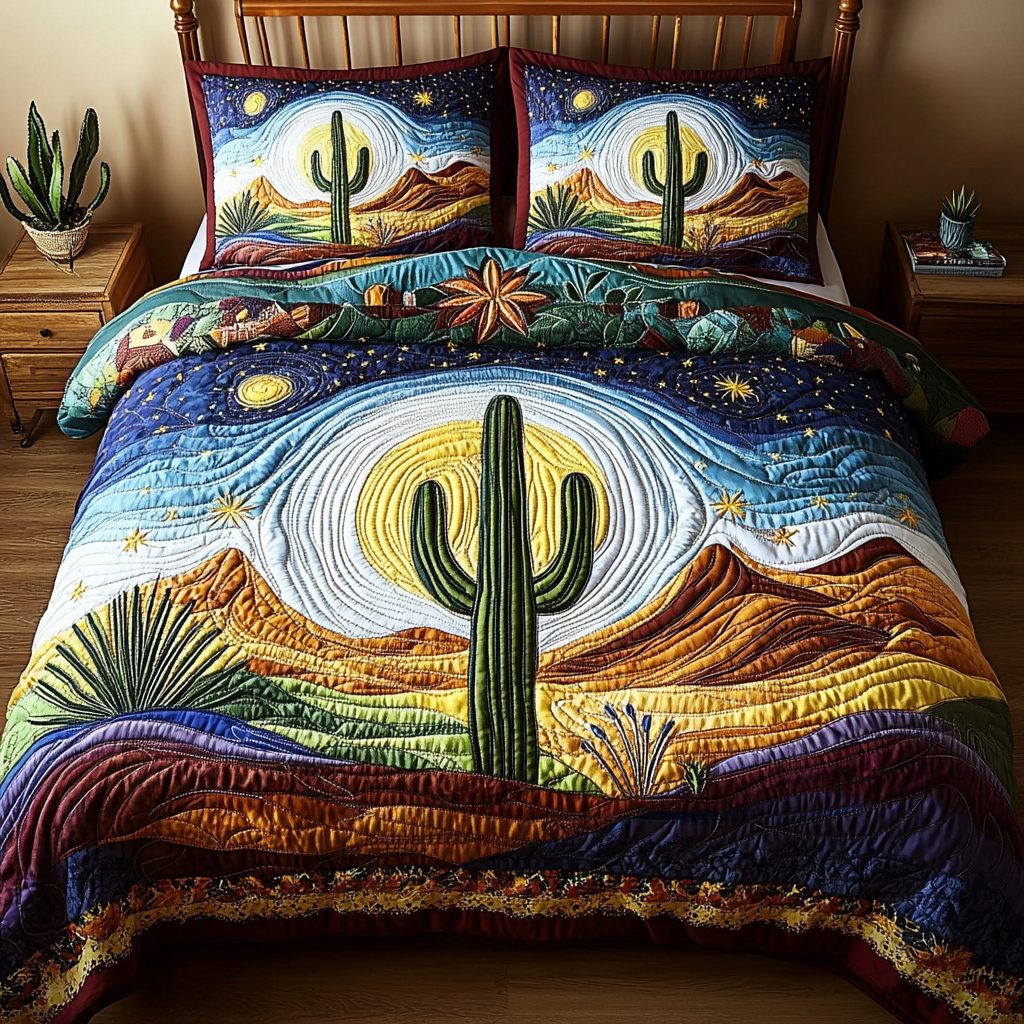 Desert Rose quilted 3-piece bedding set on a made bed with two matching pillow shams