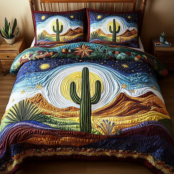Desert Rose quilted 3-piece bedding set on a made bed with two matching pillow shams