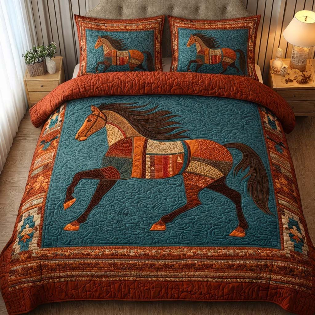 Desert Runner quilted 3-piece bedding set on a made bed with two matching pillow shams