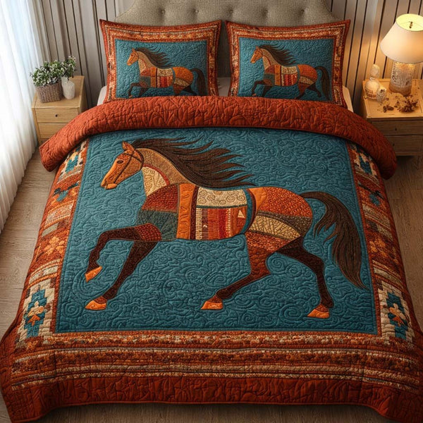 Desert Runner quilted 3-piece bedding set on a made bed with two matching pillow shams