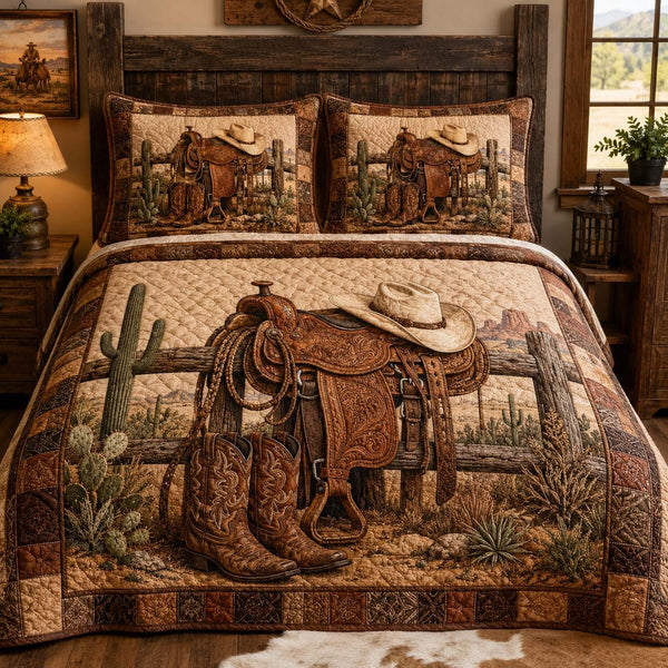 Desert Saddle quilted 3-piece bedding set on a made bed in a rustic timber bedroom