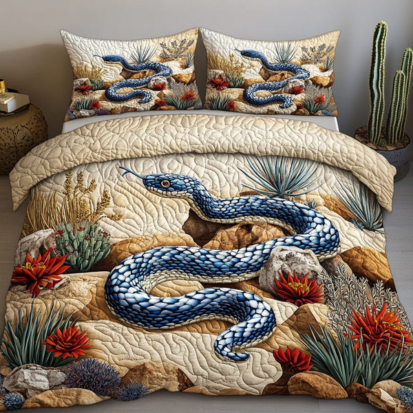 Desert Serpent Serenity quilted 3-piece bedding set on a made bed with two matching pillow shams