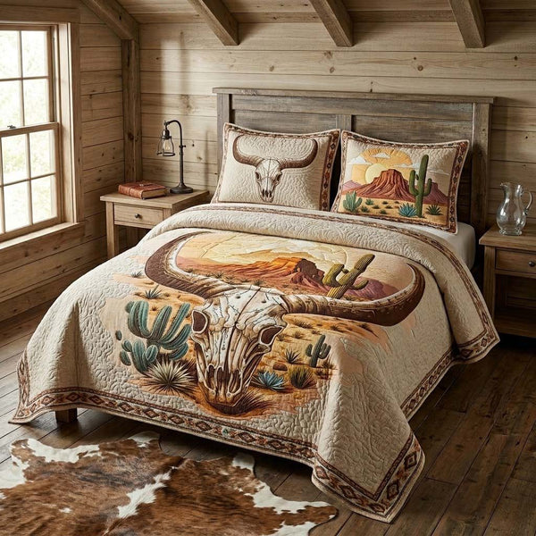 Desert Skull Texas quilted 3-piece bedding set on a made bed against a dark styled interior