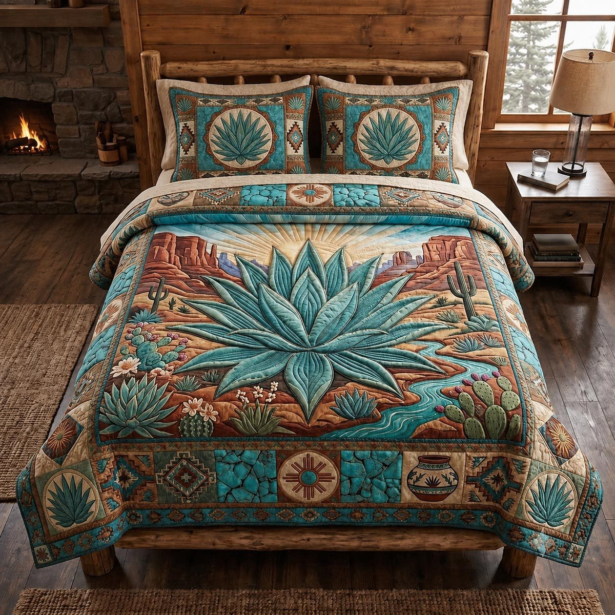 Desert Spirit quilted 3-piece bedding set on a made bed with two matching pillow shams