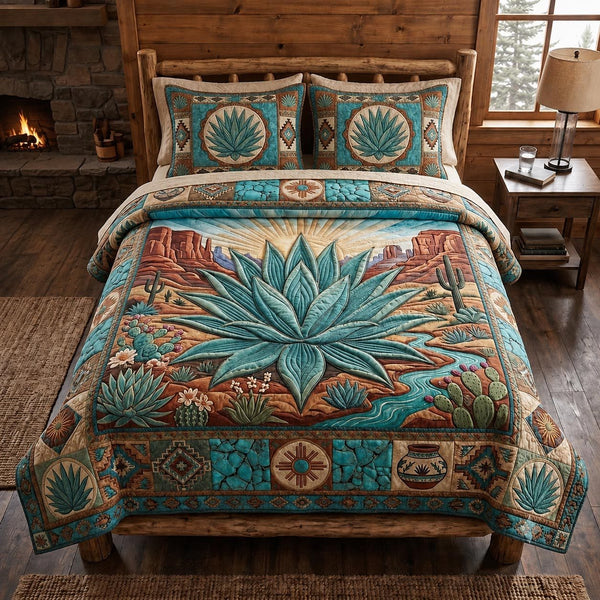 Desert Spirit quilted 3-piece bedding set on a made bed with two matching pillow shams