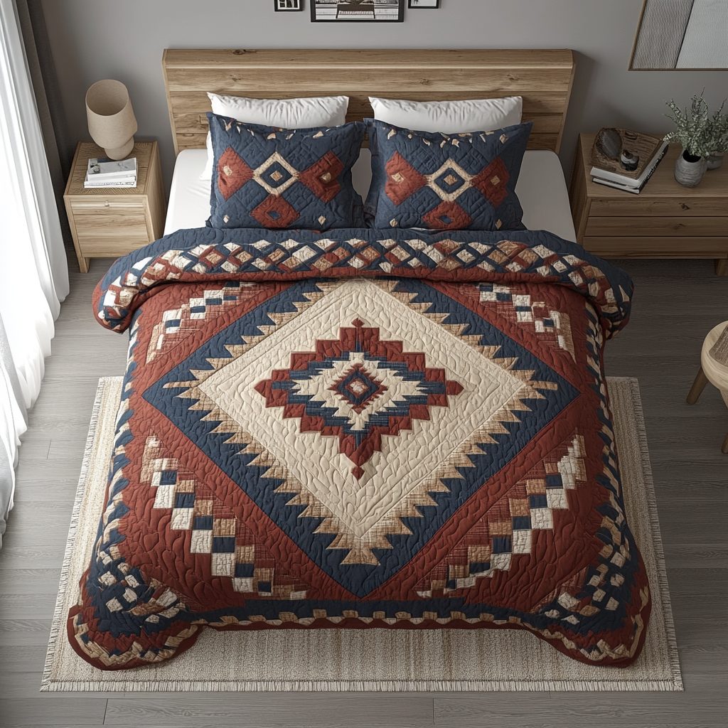 Desert Spirit quilted 3-piece bedding set on a made bed with two matching pillow shams