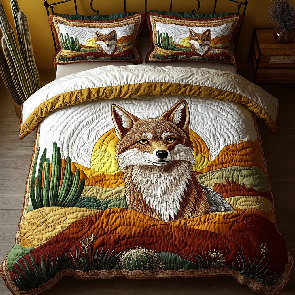 Desert Spirit quilted 3-piece bedding set on a made bed with two matching pillow shams