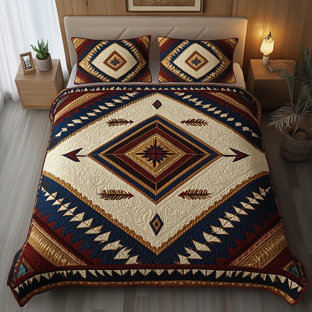 Desert Spirit quilted 3-piece bedding set on a made bed with two matching pillow shams