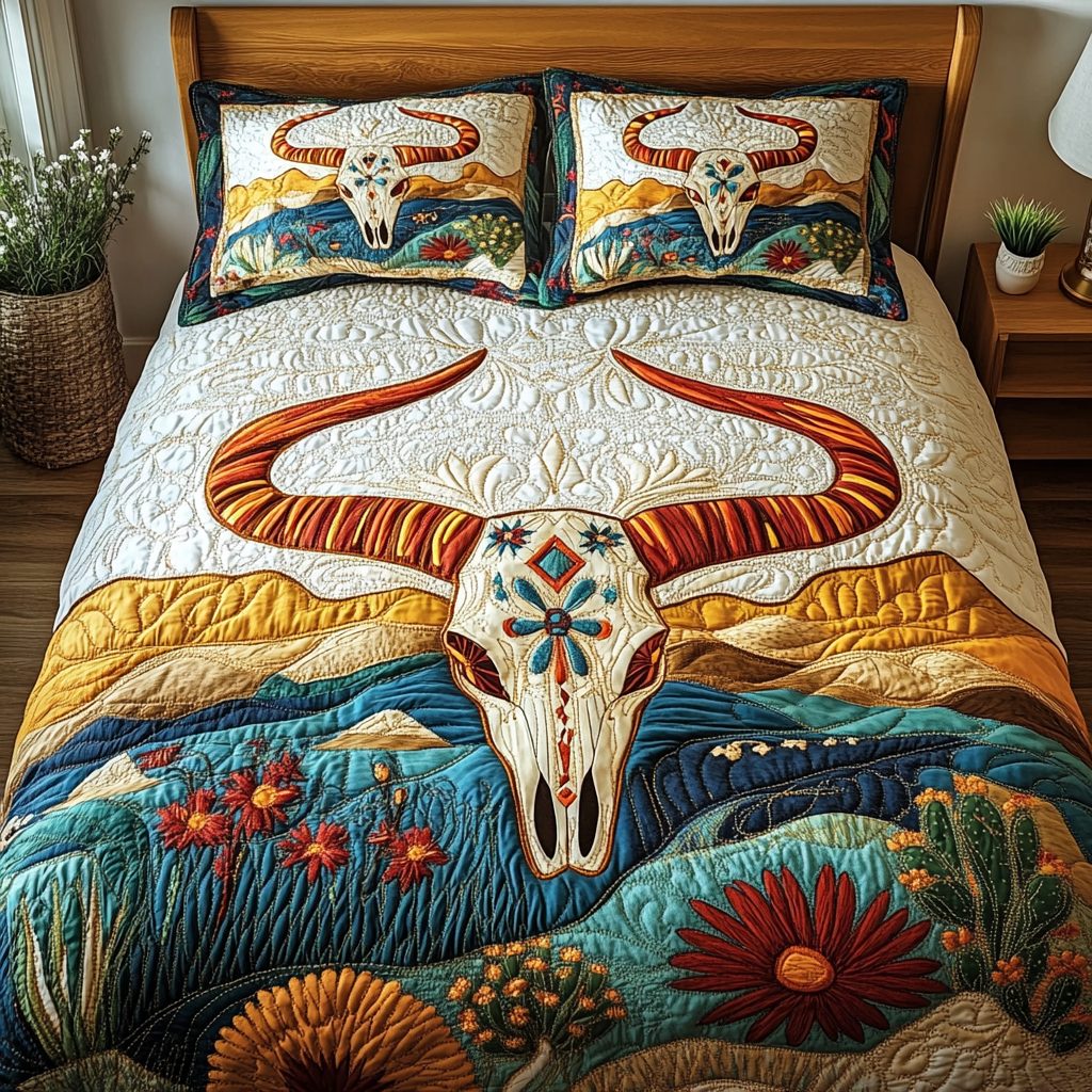 Desert Spirit quilted 3-piece bedding set on a made bed with two matching pillow shams