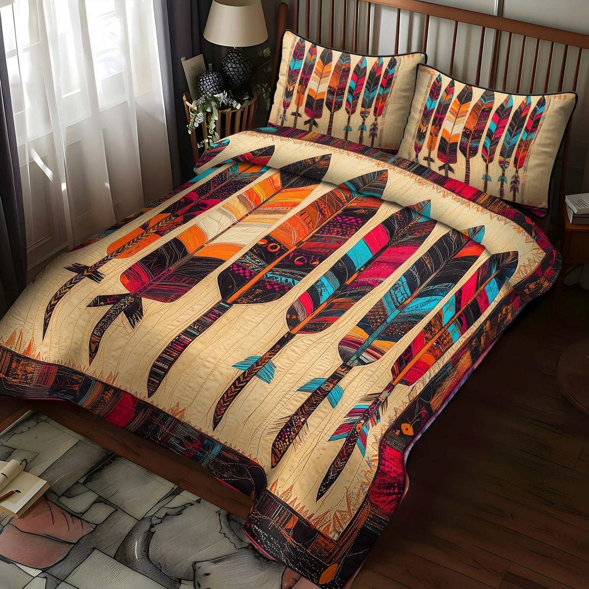 Desert Starburst quilted 3-piece bedding set on a made bed with two matching pillow shams
