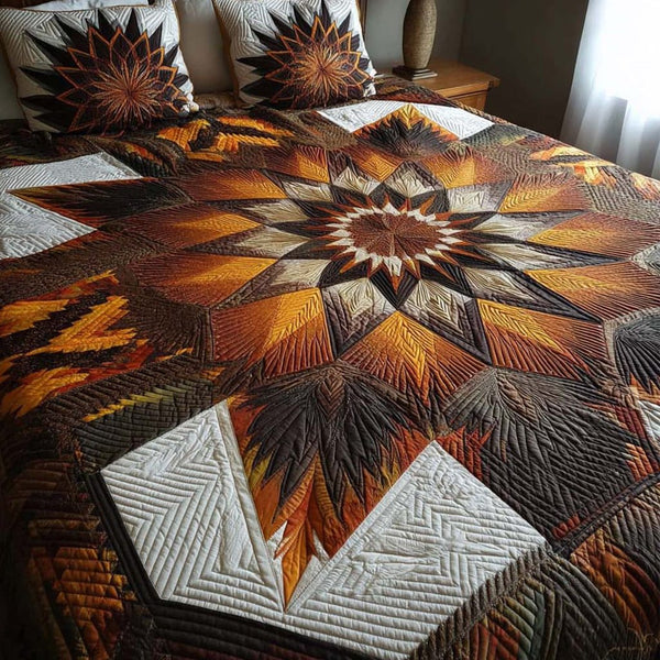 Desert Starshine quilted 3-piece bedding set on a made bed with two matching pillow shams