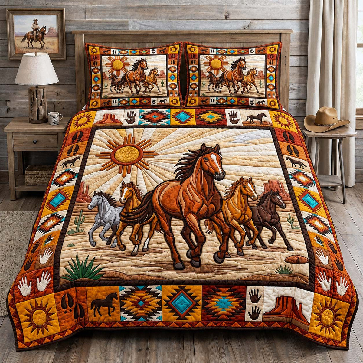 Desert Sun Herd quilted 3-piece bedding set on a made bed with two matching pillow shams