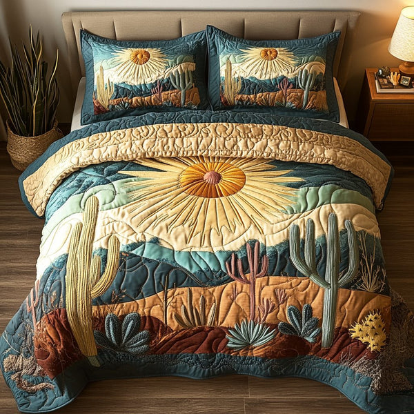 Desert Sun quilted 3-piece bedding set on a made bed with two matching pillow shams