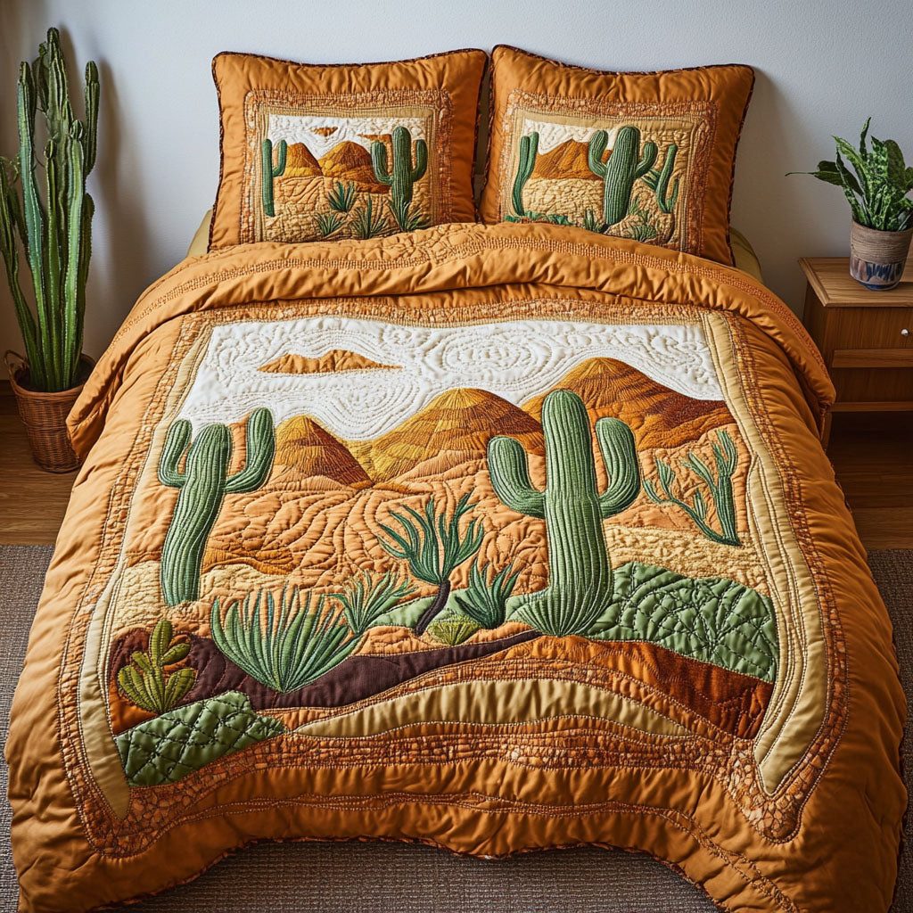 Desert Sunset quilted 3-piece bedding set on a made bed with two matching pillow shams