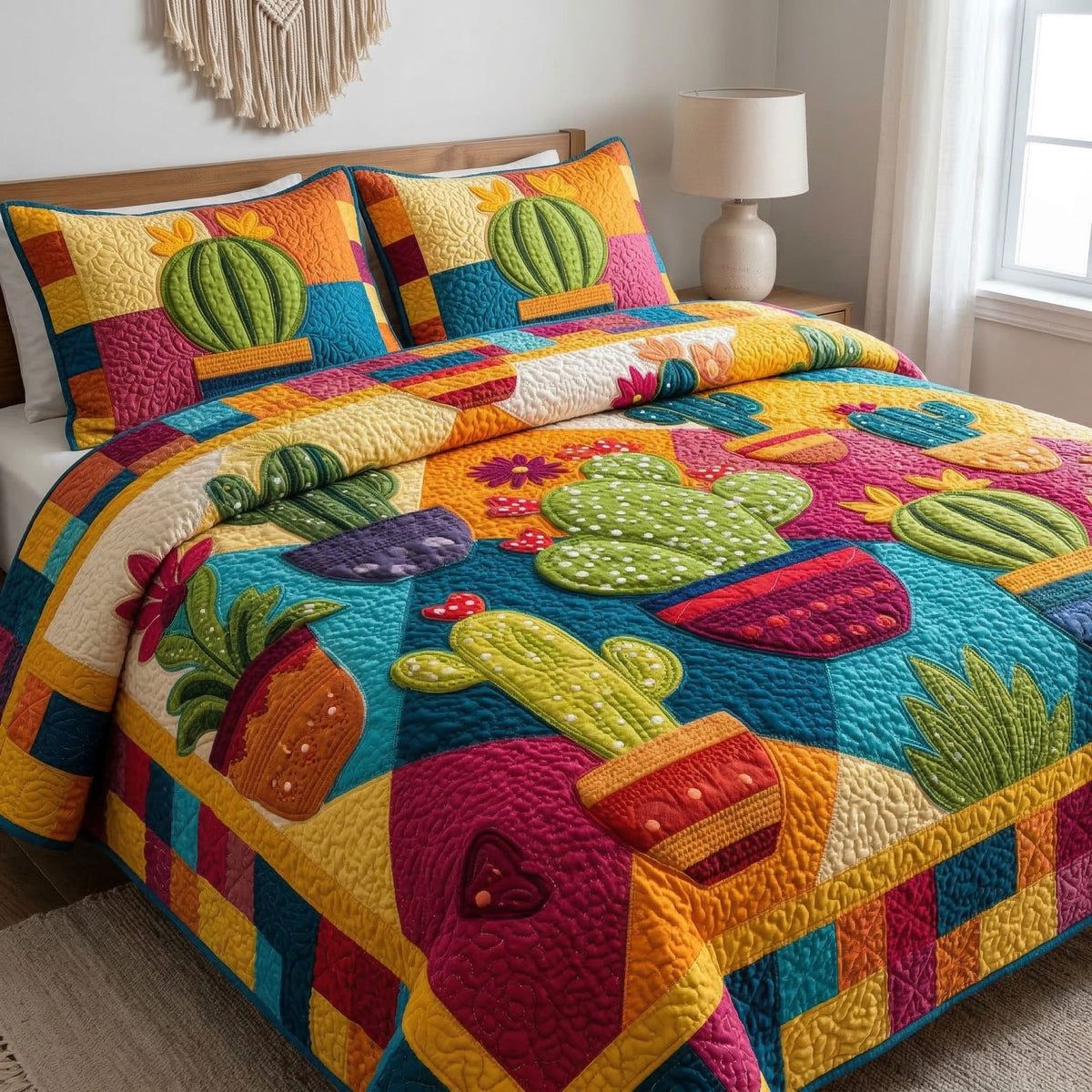 Desert Sunshine quilted 3-piece bedding set on a made bed with two matching pillow shams