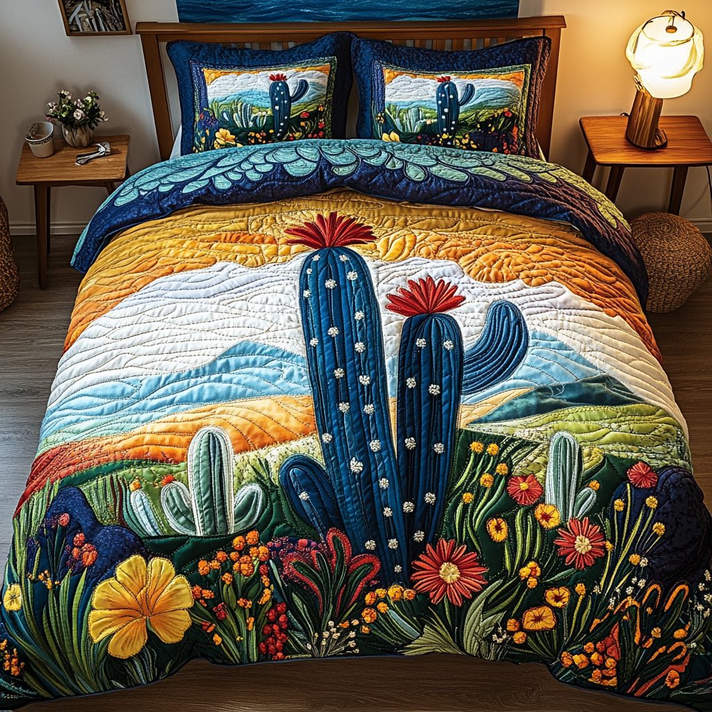 Desert Tapestry quilted 3-piece bedding set on a made bed with two matching pillow shams