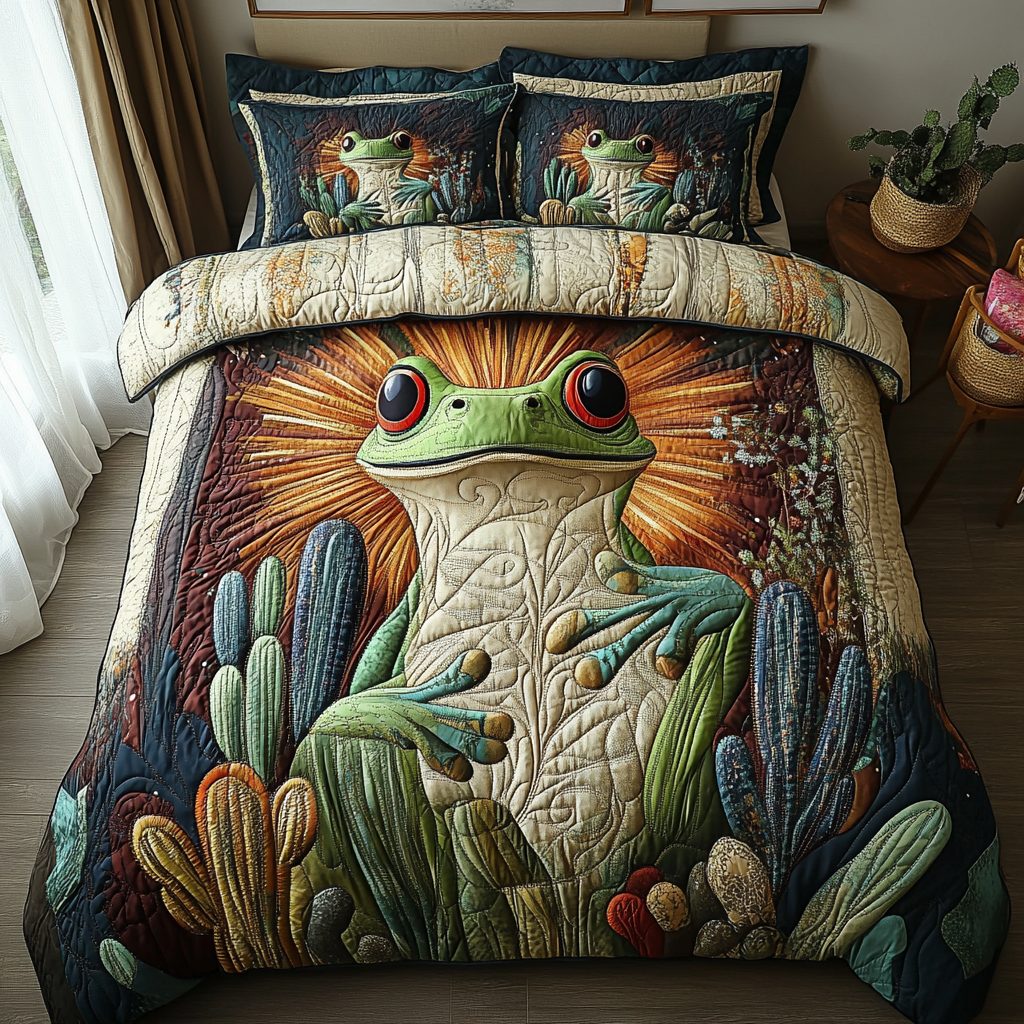 Desert Toad quilted 3-piece bedding set on a made bed with two matching pillow shams
