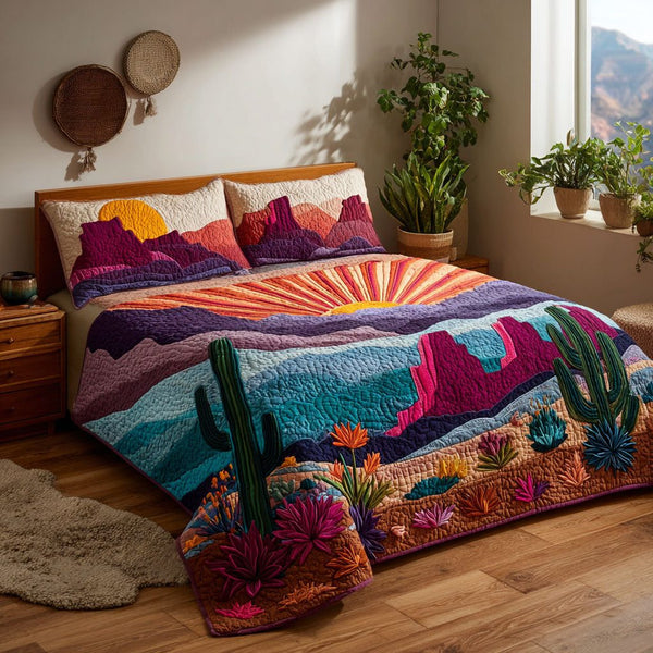 Desert Trail quilted 3-piece bedding set on a made bed with two matching pillow shams