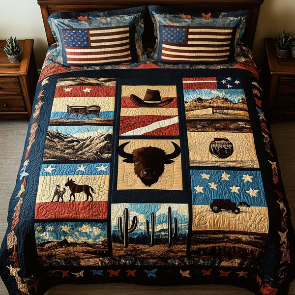 Desert Trail quilted 3-piece bedding set on a made bed with two matching pillow shams