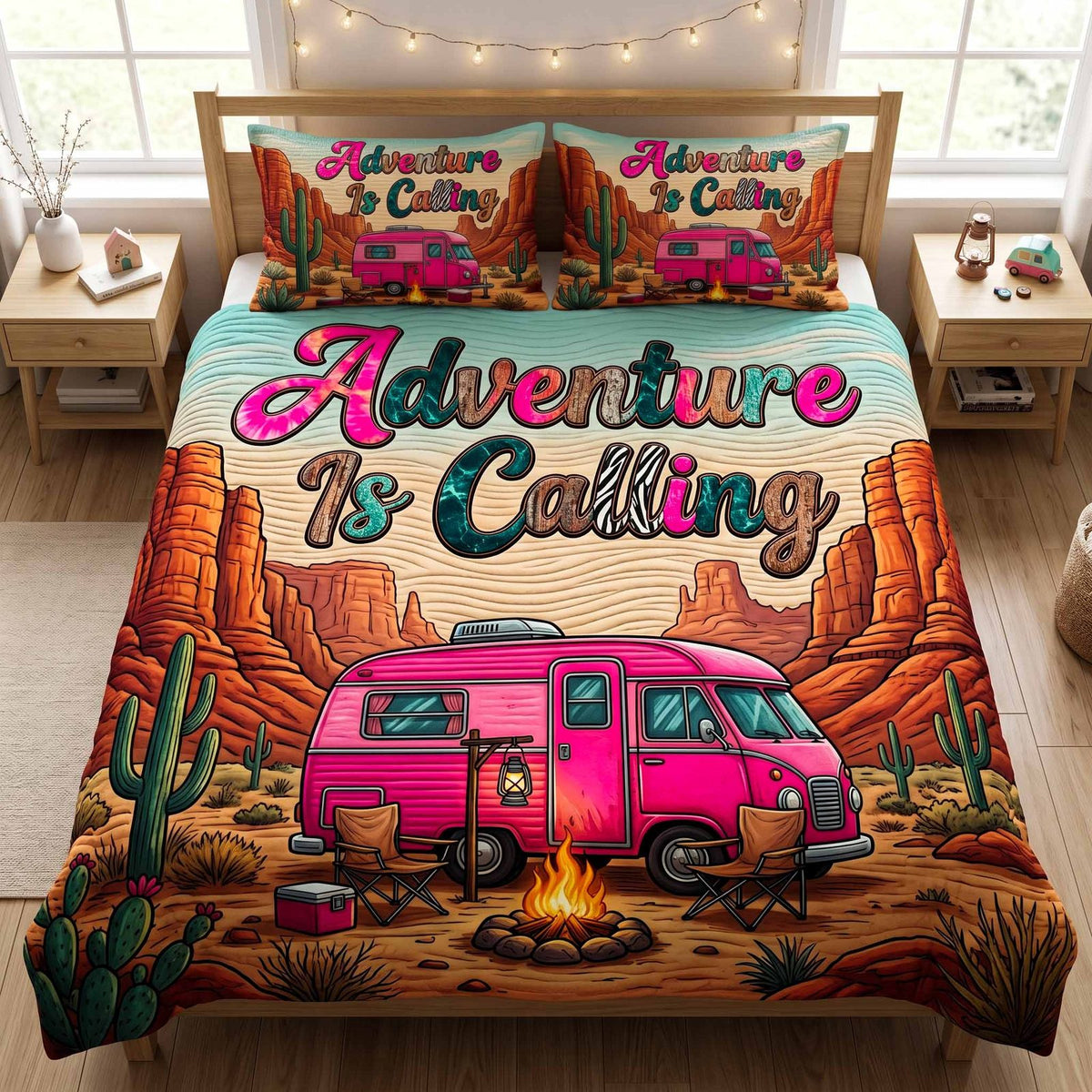 Desert Trip quilted 3-piece bedding set on a made bed with two matching pillow shams