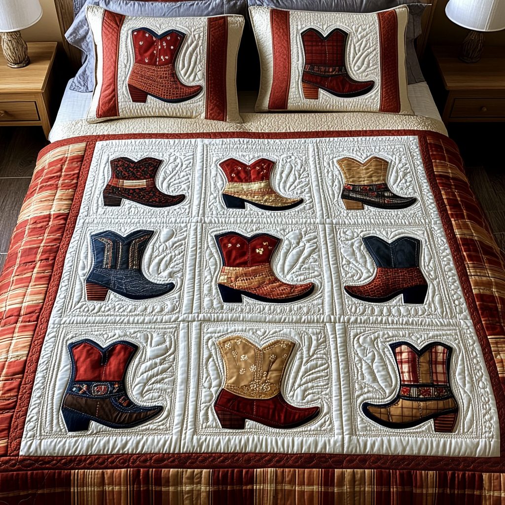 Desert Vibes quilted 3-piece bedding set on a made bed with two matching pillow shams