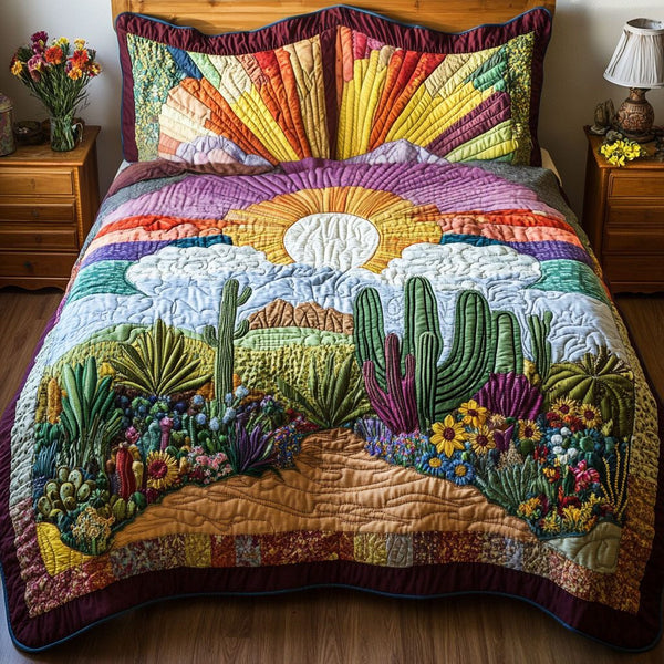 Desert Vibes quilted 3-piece bedding set on a made bed with two matching pillow shams