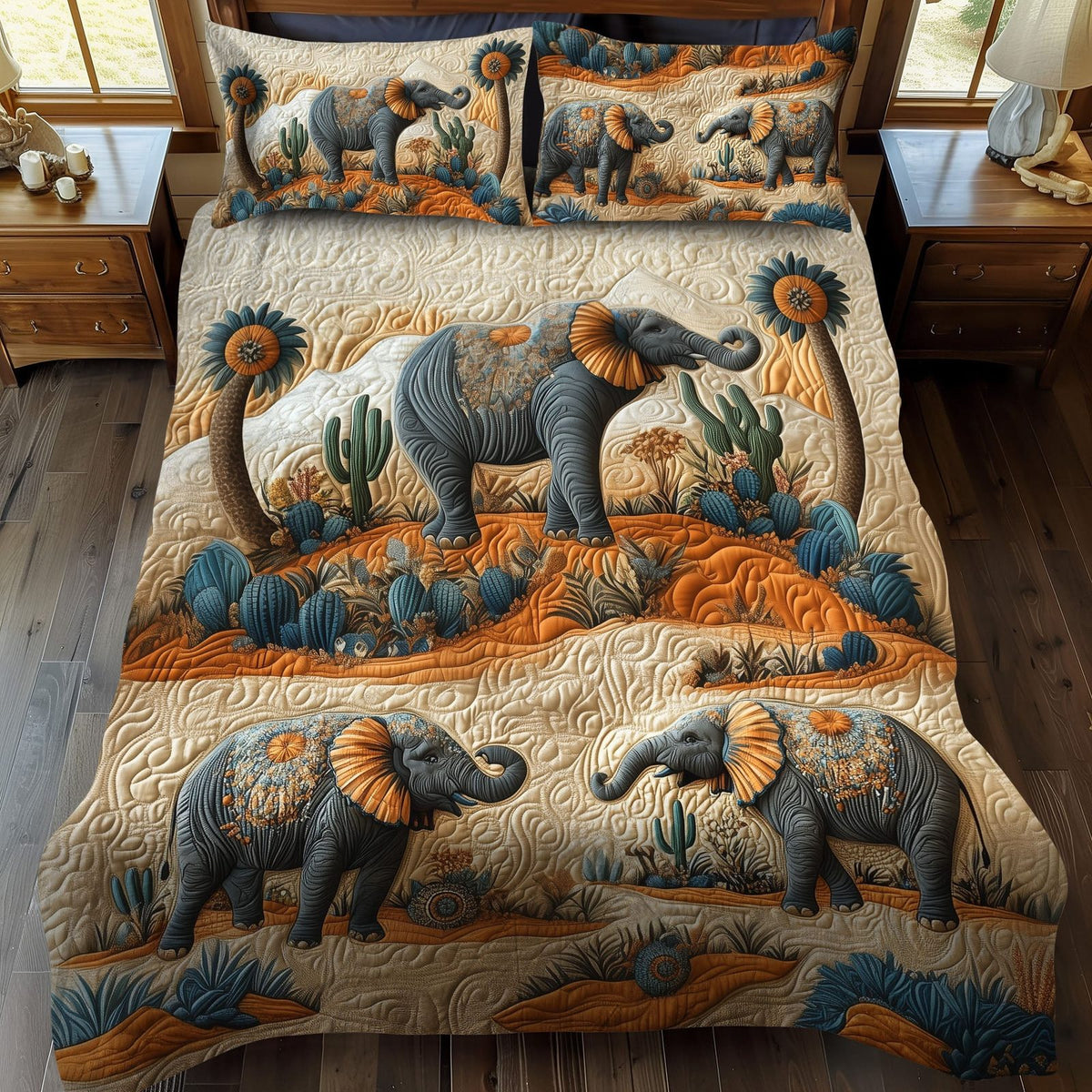Desert Walker quilted 3-piece bedding set on a made bed with two matching pillow shams