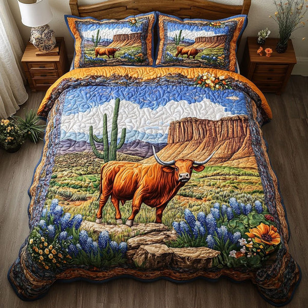 Desert Watcher quilted 3-piece bedding set on a made bed with two matching pillow shams